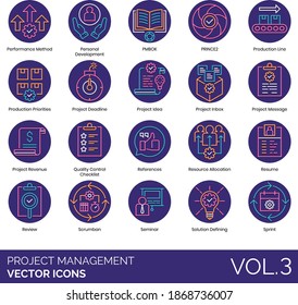 Project management icons including PMBOK, PRINCE2, production line, deadline, inbox, message, revenue, quality control checklist, reference, resource allocation, resume, scrumban, solution defining.