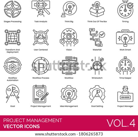 Project management icons including stage processing, task analysis, think big, out of the box, timing, transform, deployment, user-centered, vision, workflow automation, wristwatch, timekeeper, idea.