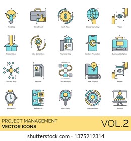 Project management icons including think big, work smart, cash flow, global marketing, idea generation, financial data, content production, workplace, concept map, resume, task analysis, wristwatch.