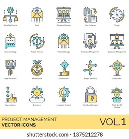 Project management icons including workflow, email, meeting, file exchange, business dialog, revenue, employee, outsource, legal document, medal award, creative idea, budget spending, appreciations.