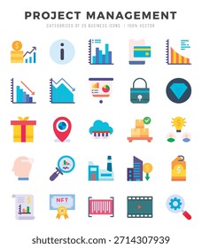 Icons für die Projektverwaltung. Ebener Symbolsatz. Projektmanagement-Auflistungssatz. Einfache Vektorsymbole.