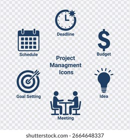 Iconos de Gestión de Proyectos – Horario, Fecha Límite, Presupuesto, Objetivos, Reuniones, Ideas