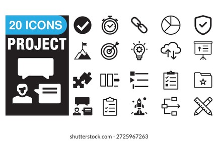 Projektmanagement-Symbole setzen 20-Zeilen-Vektorsymbole für Aufgaben, Planung und Produktivität