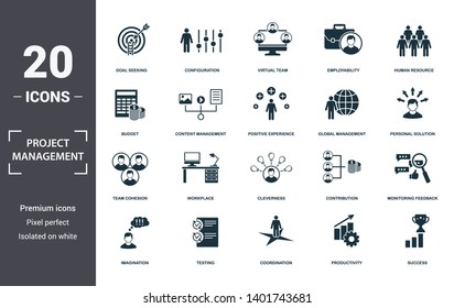 Project Management icons set collection. Includes simple elements such as Goal Seeking, Configuration, Virtual Team, Employability, Human Resource, Workplace and Cleverness premium icons
