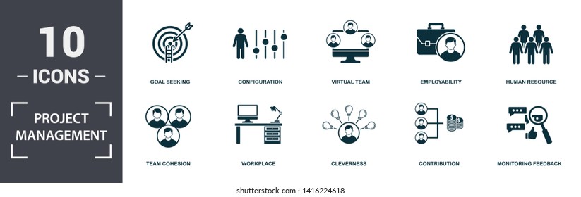 Conjuntos de conjuntos de iconos de administración de proyectos. Incluye elementos simples como Solución personal, Cohesión de equipo, Lugar de trabajo, Limpieza, Contribución e iconos de la prima escolar.