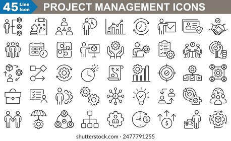 Conjunto de iconos de administración de proyectos. Seguimiento de fechas y fechas límite, Desglose detallado de tareas, Seguimiento del progreso de tareas
y diseño de boda. ilustrador de Vector.