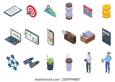 Los iconos de Administración de proyectos establecen un vector isométrico. Software de equipo. Trabajo empresarial
