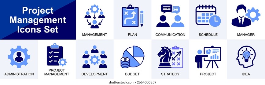 Ícones de gerenciamento de projeto definidos com administração e desenvolvimento da estratégia de orçamento do plano de comunicação