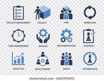 Project Management Icons Set with Time, Strategy, Planning, and Development Concepts