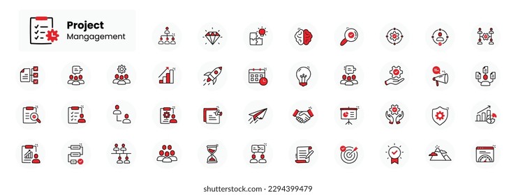 Iconos de administración de proyectos: Simplifique su flujo de trabajo con este conjunto integral. Iconos dibujados a mano por vectores con trazos editables por vectores.	