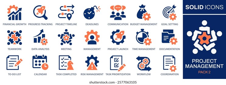 Project management icons, such as collaboration, workflow, to-do list, deadlines and more. Vector illustration. Easily changes to any color.