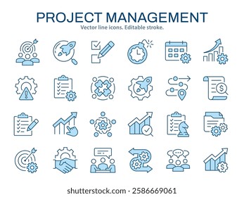 Project management icons, such as collaboration, growth chart, workflow, strategy, and more. Vector illustration isolated on white. Editable stroke.