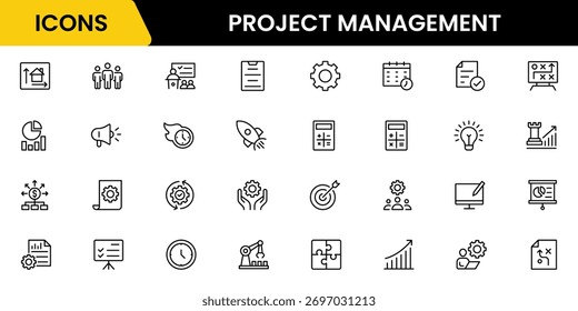 Ícones de gerenciamento de projeto para aplicativos móveis e da Web. Negócios, gerenciamento de organização, planejamento, projeto, inicialização, marketing, trabalho em equipe. Ilustração vetorial