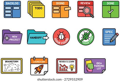 Project management icons for workflow, tasks, and project stages