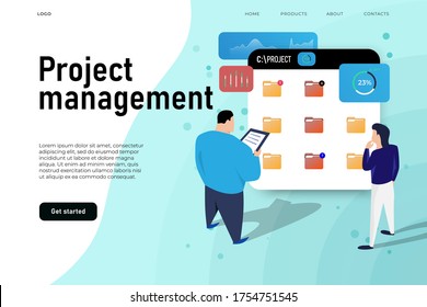 Project management illustration concept, two project members manage the folders with project information.