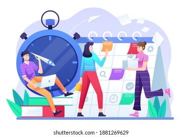 Ilustración de la gestión de proyectos, control de proyectos para cumplir el plazo y alcanzar los objetivos. Esta ilustración se puede usar para sitios web, páginas de inicio, web, aplicaciones y banner.