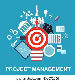 Project management illustration for science and education organizations. Goal, idea, plan, development, realization, and success. Business management illustration.