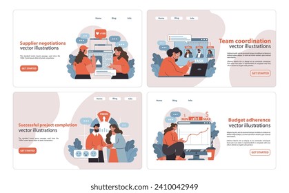 conjunto de ilustraciones de Project Management. Negociación, coordinación y culminación exitosa. Se muestran las fases clave del ciclo de vida del proyecto. Ilustración vectorial plana.
