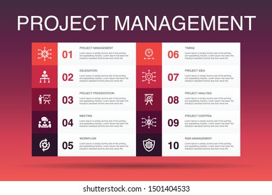 Project management Infographic 10 option template.Project presentation, Meeting, workflow, Risk management icons