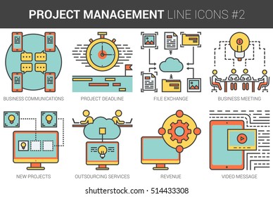 Project Management Infographic Metaphor With Line Icons. Project Management Concept For Website And Infographics. Vector Line Art Icon Set Isolated On White Background.