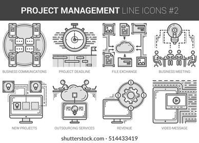 Project Management Infographic Metaphor With Line Icons. Project Management Concept For Website And Infographics. Vector Line Art Icon Set Isolated On White Background.