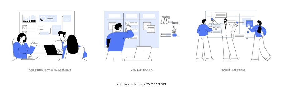 Project management isolated cartoon vector illustrations set. Diverse IT company workers discussing new app, agile software development, manager use kanban board, scrum meeting vector cartoon.