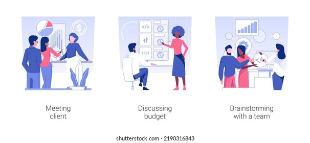 IT project management isolated concept vector illustration set. Meeting client, discussing budget, brainstorming and briefing with team, software development, teamwork organization vector cartoon.