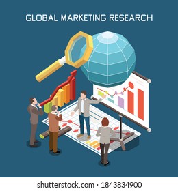 Project management isometric composition with editable text and characters of managers surrounded by graphs and charts vector illustration