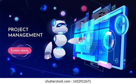 Project management landing page, computer technology in business, panda robot research at monitor with data analysis on screen, neon glowing futuristic background. Cartoon vector illustration, banner