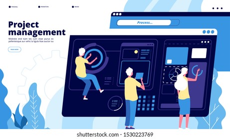 Project management landing. Tiny guys manage charts on dashboard, people projecting software. Teamwork brainstorming vector concept