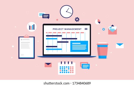 Project management - Laptop computer with planning software on screen, clock, mail, documents and charts. Assets a project manager needs. Vector illustration.