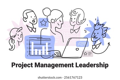 Project management leadership teamwork concept with diverse faces laptop charts stars in minimalist hand drawn style