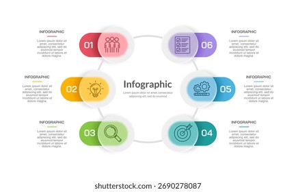 Opções do Ciclo de Vida 6 do Gerenciamento do Projeto, Diagrama do Círculo para Planejamento Estratégico. Modelo de design infográfico colorido de glassmorfismo. Ilustração de vetor.