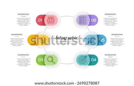 Project Management Life Cycle 6 Options, Circle Diagram for Strategic Planning. Colorful Glassmorphism Infographic Design Template. Vector Illustration.