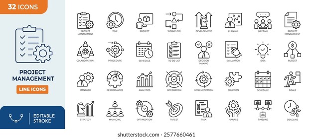 Project management line editable icon set. Containing Planning, schedule, collaboration, development and time management concept. Vector illustration