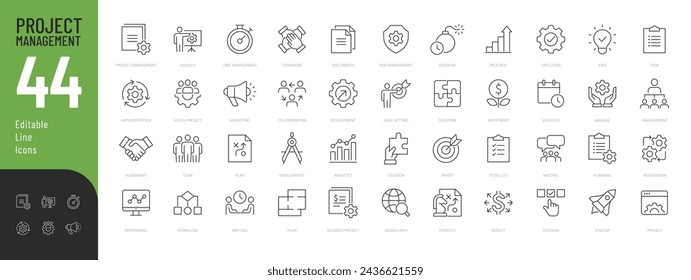 Conjunto de iconos editables de línea de gestión de proyectos. Ilustración vectorial en estilo moderno de línea delgada de iconos relacionados con los negocios: planificación, desarrollo, estrategia y más. Pictogramas e infografías.