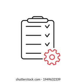 Project management line icon. Clipboard and gear icon. Checklist with gear for project management. Vector illustration