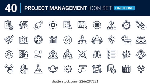 Project management line icon collection. Planning, schedule, collaboration, development and time management concept. Outline icon set.