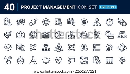Project management line icon collection. Planning, schedule, collaboration, development and time management concept. Outline icon set.