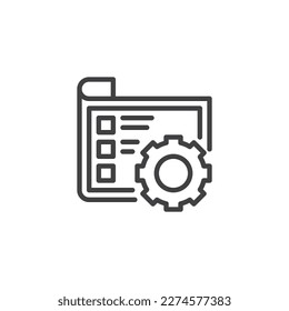Icono de línea de administración de proyectos. Signo de estilo lineal de documentos y engranajes para el concepto móvil y el diseño web. Icono de vector de contorno manual del documento. Símbolo, ilustración del logotipo. Gráficos vectoriales