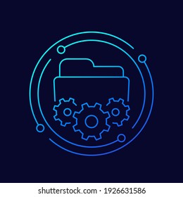 project management line icon, folder and gears, vector