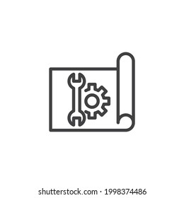 Project management line icon. linear style sign for mobile concept and web design. Paper blueprint with gear and wrench outline vector icon. Symbol, logo illustration. Vector graphics