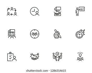 Project management line icon set. Handshake, team, interview. Business concept. Can be used for topics like leadership, teamwork startup