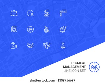 Project management line icon set. Handshake, team, interview. Business concept. Can be used for topics like leadership, teamwork startup