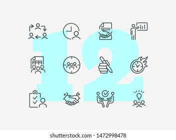 Project management line icon set. Handshake, team, interview. Business concept. Can be used for topics like leadership, teamwork startup