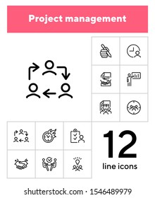 Project management line icon set. Handshake, team, interview. Business concept. Can be used for topics like leadership, teamwork startup