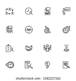 Project management line icon set. Handshake, team, interview. Business concept. Can be used for topics like leadership, teamwork startup