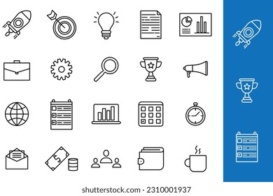 Conjunto de iconos de la línea de administración de proyectos. Iconos del vector
