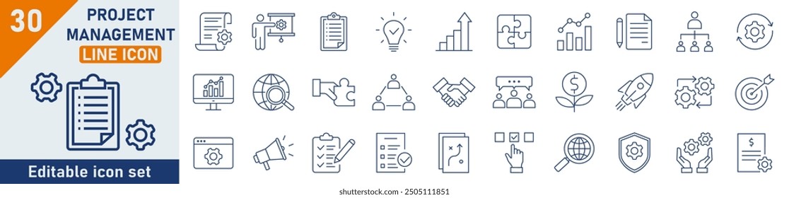 Conjunto de iconos de línea de gestión de proyectos. Conjunto de 30 iconos de esquema relacionados con la planificación, el desarrollo, la estrategia y más. Colección de iconos lineales. Colección de iconos de esquema de Project Management. Trazo editable.