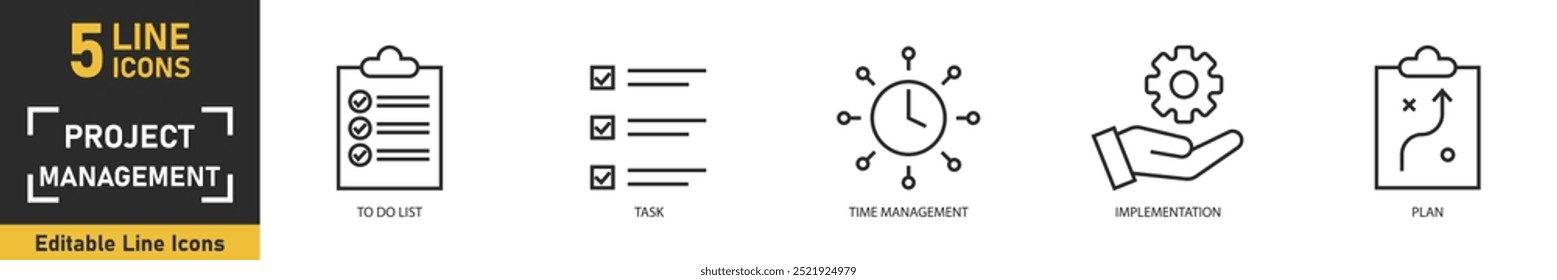 Conjunto de ícones de linha do Gerenciamento de Projetos. Conjunto de 5 ícones de tópicos relacionados a tarefa, lista de tarefas pendentes, gerenciamento de tempo, implementação, plano e muito mais. Ilustração vetorial.